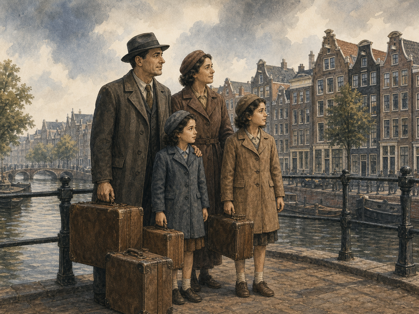 Jüdische Familie kommt 1933 mit Koffern in Amsterdam an