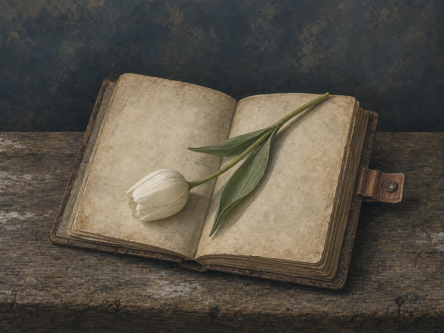 Offenes Tagebuch mit weißer Tulpe als stilles Gedenken an 1945