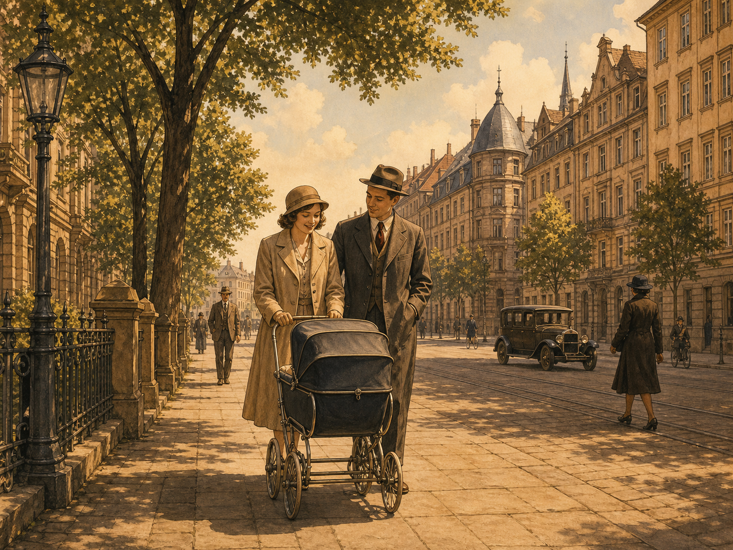 Frankfurt am Main um 1929 mit Familie und Kinderwagen