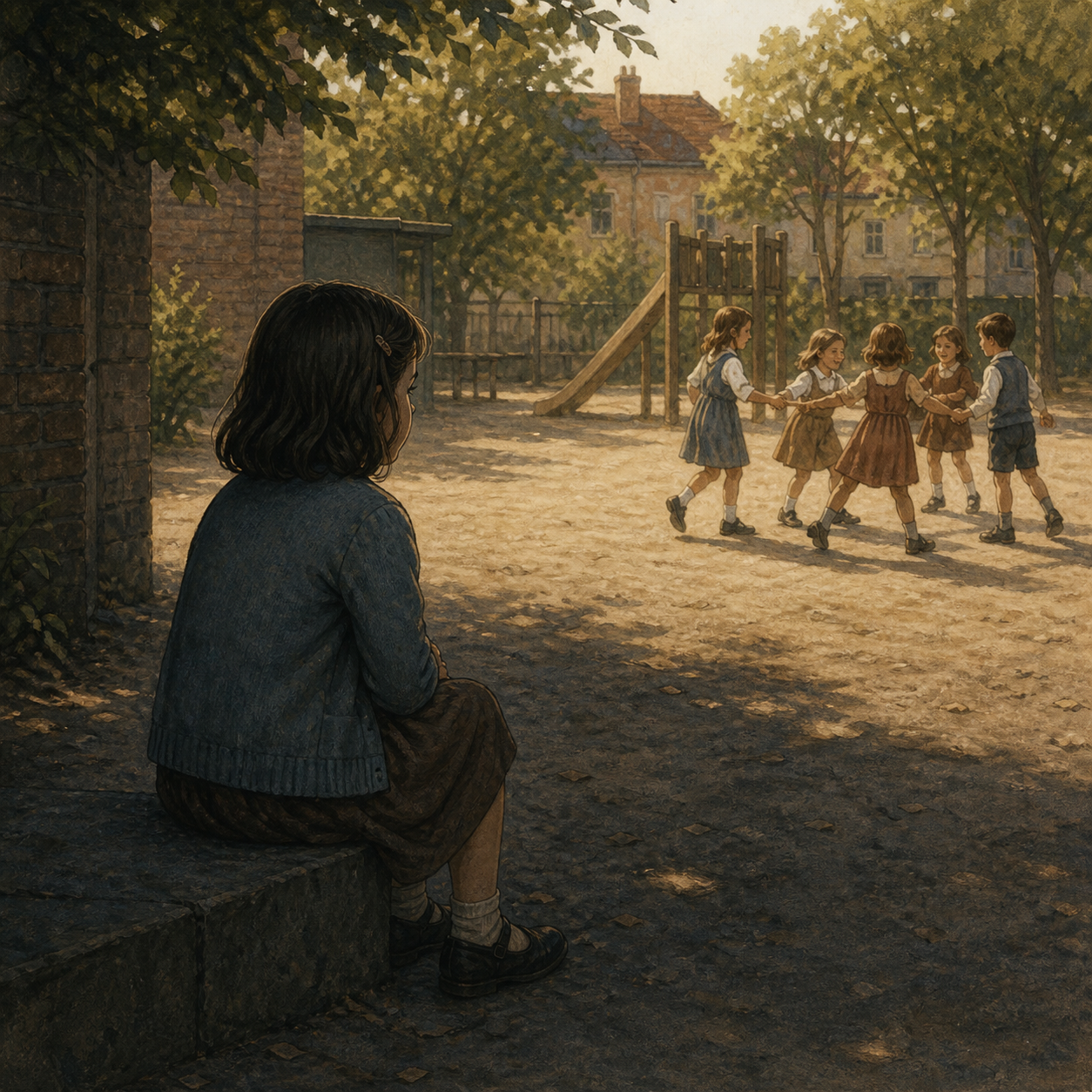 Ein Kind sitzt allein am Rand eines Spielplatzes