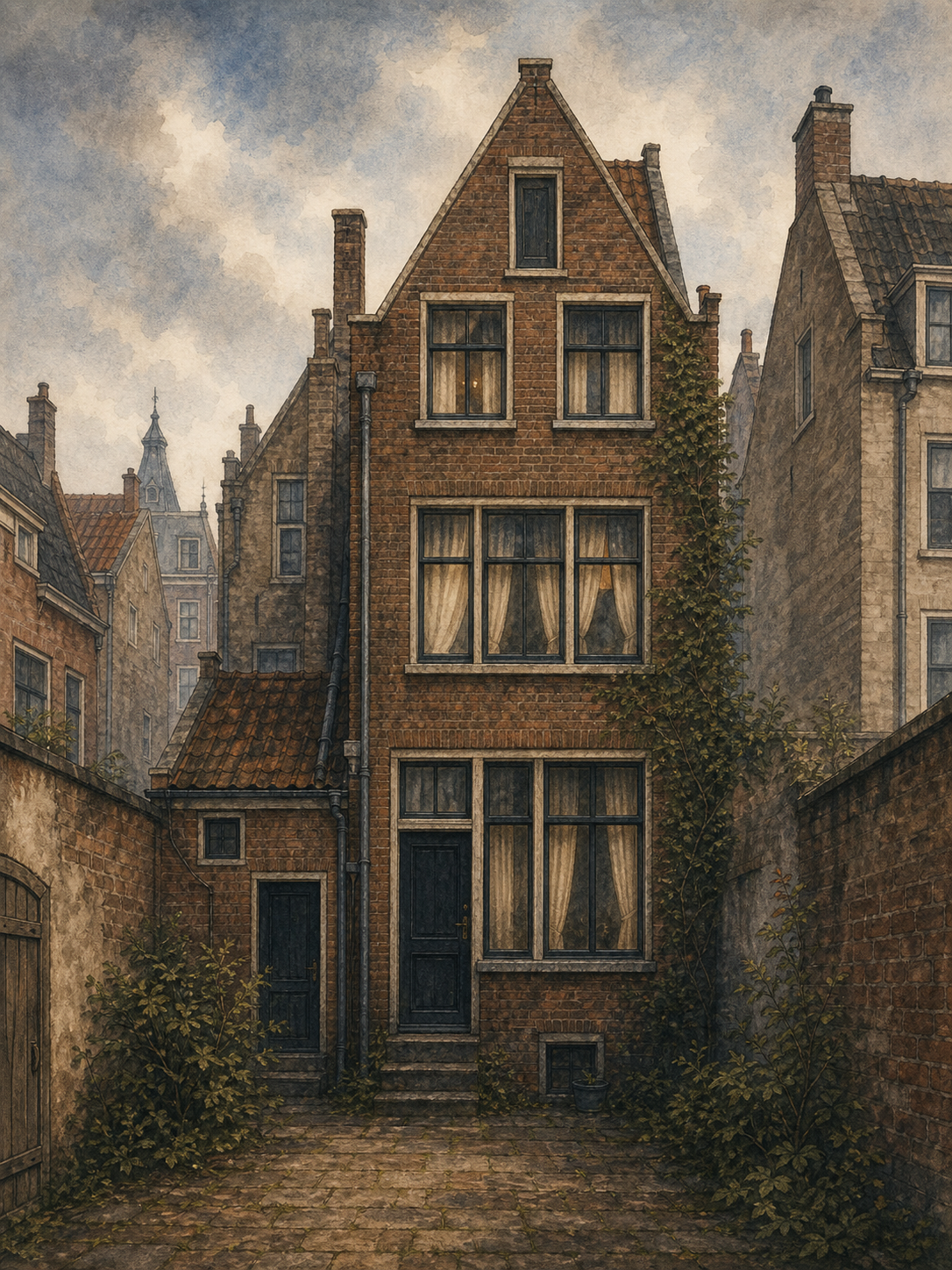 Aquarell-Illustration des Hinterhauses in Amsterdam